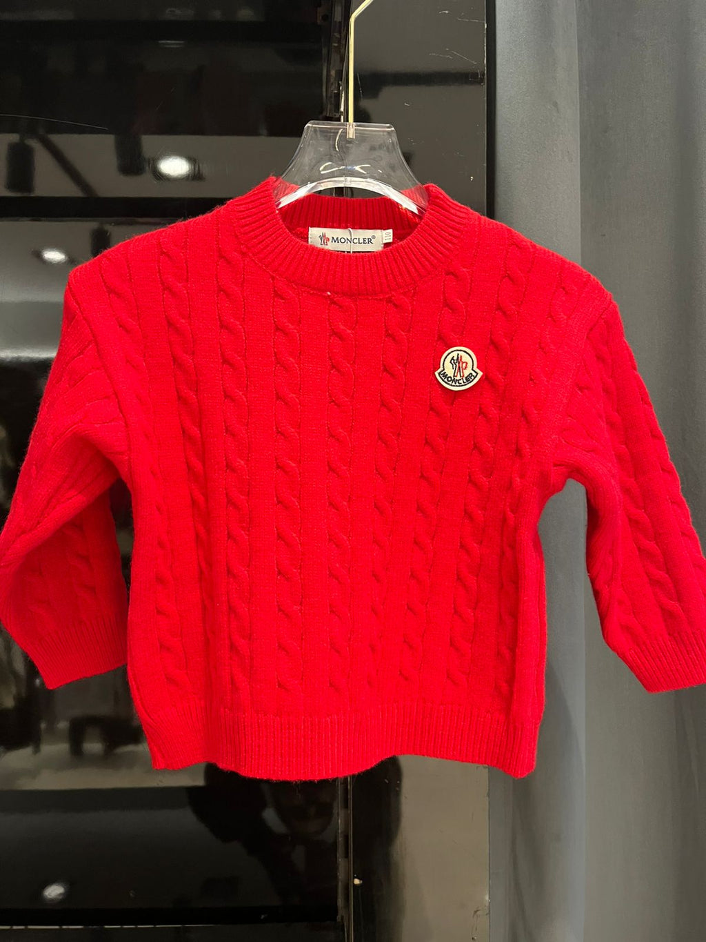 Moncler - Enfant Unisex Red Cable Knit Sweater with Logo Patch