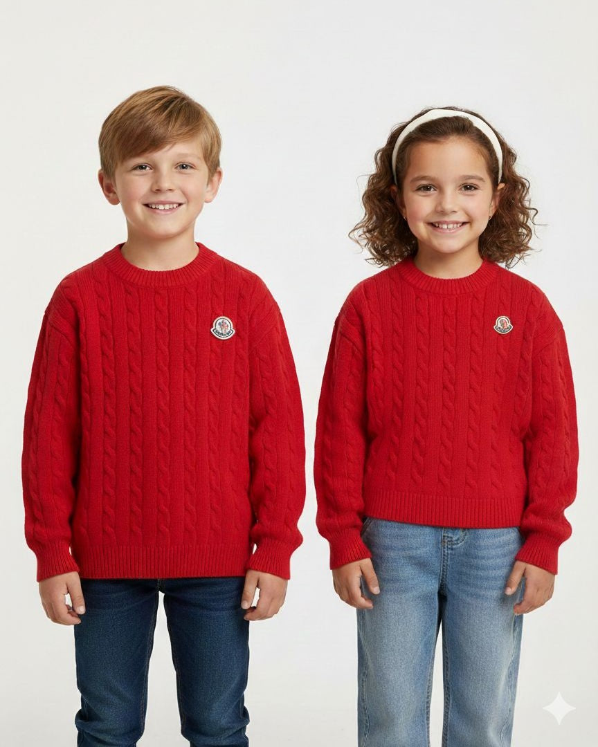 Moncler - Enfant Unisex Red Cable Knit Sweater with Logo Patch