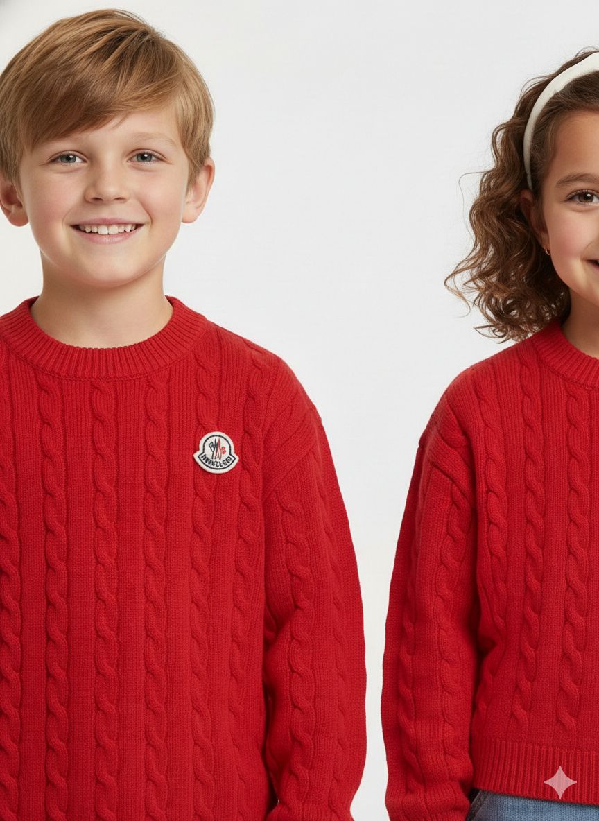 Moncler - Enfant Unisex Red Cable Knit Sweater with Logo Patch