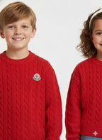 Moncler - Enfant Unisex Red Cable Knit Sweater with Logo Patch