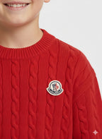 Moncler - Enfant Unisex Red Cable Knit Sweater with Logo Patch