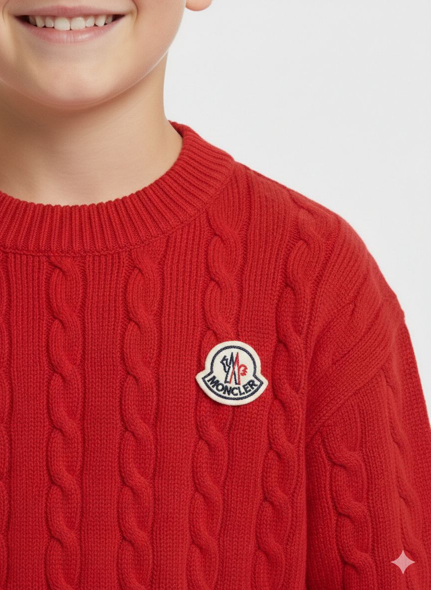 Moncler - Enfant Unisex Red Cable Knit Sweater with Logo Patch
