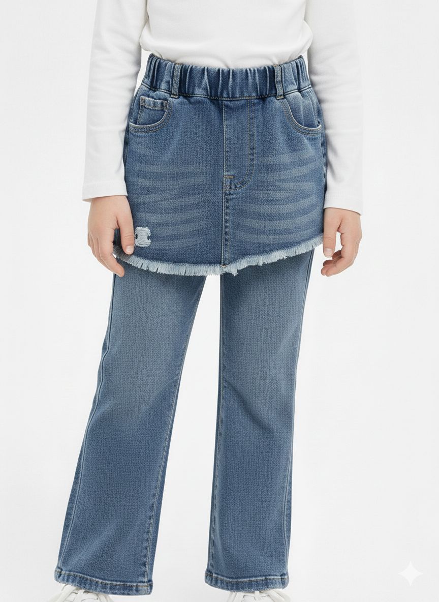 Chanel - Girls' Denim Skirt-Over-Pants Set with Interlocking CC Logo