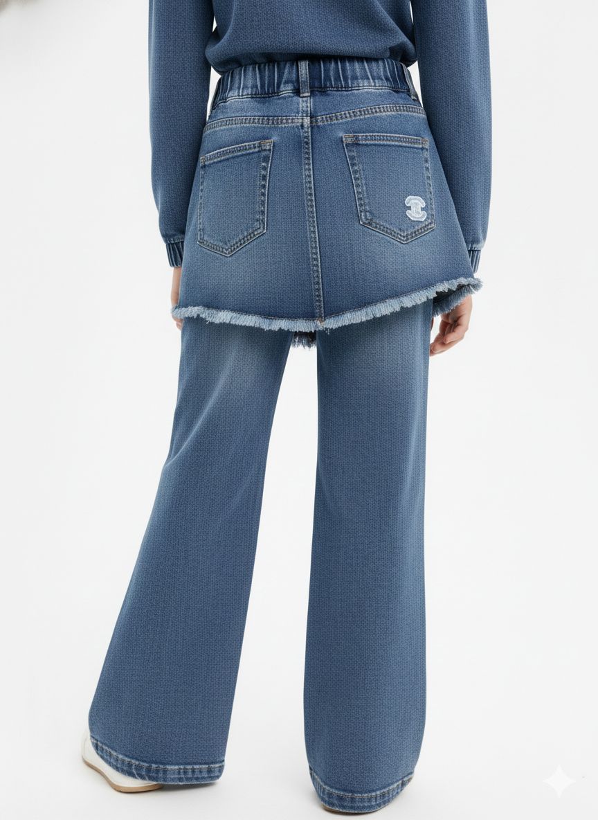 Chanel - Girls' Denim Skirt-Over-Pants Set with Interlocking CC Logo