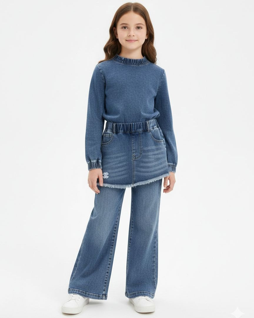 Chanel - Girls' Denim Skirt-Over-Pants Set with Interlocking CC Logo