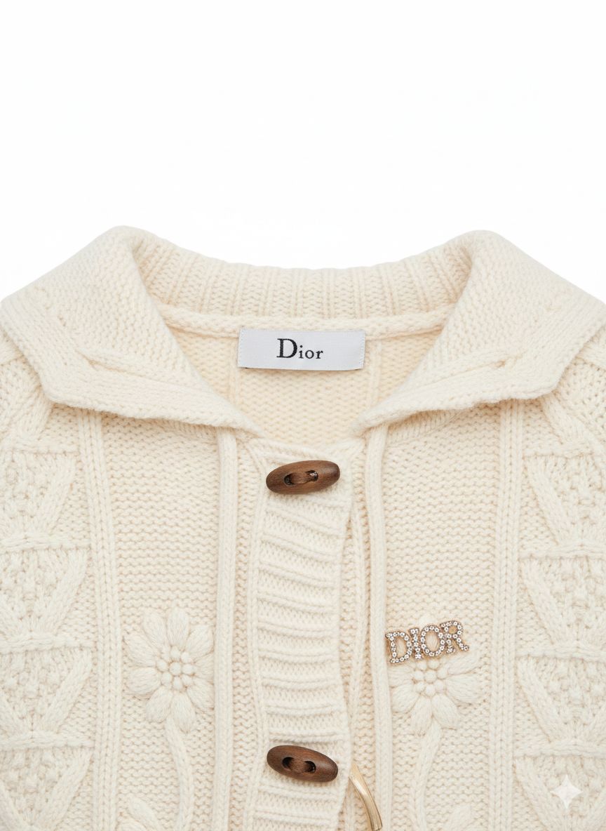 Dior - Girls' Cream Cable Knit Cardigan with Floral Embroidery