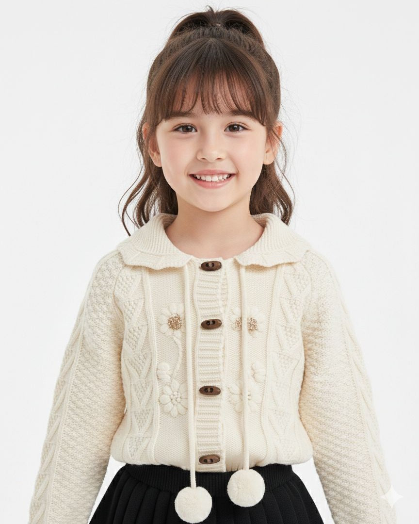 Dior - Girls' Cream Cable Knit Cardigan with Floral Embroidery
