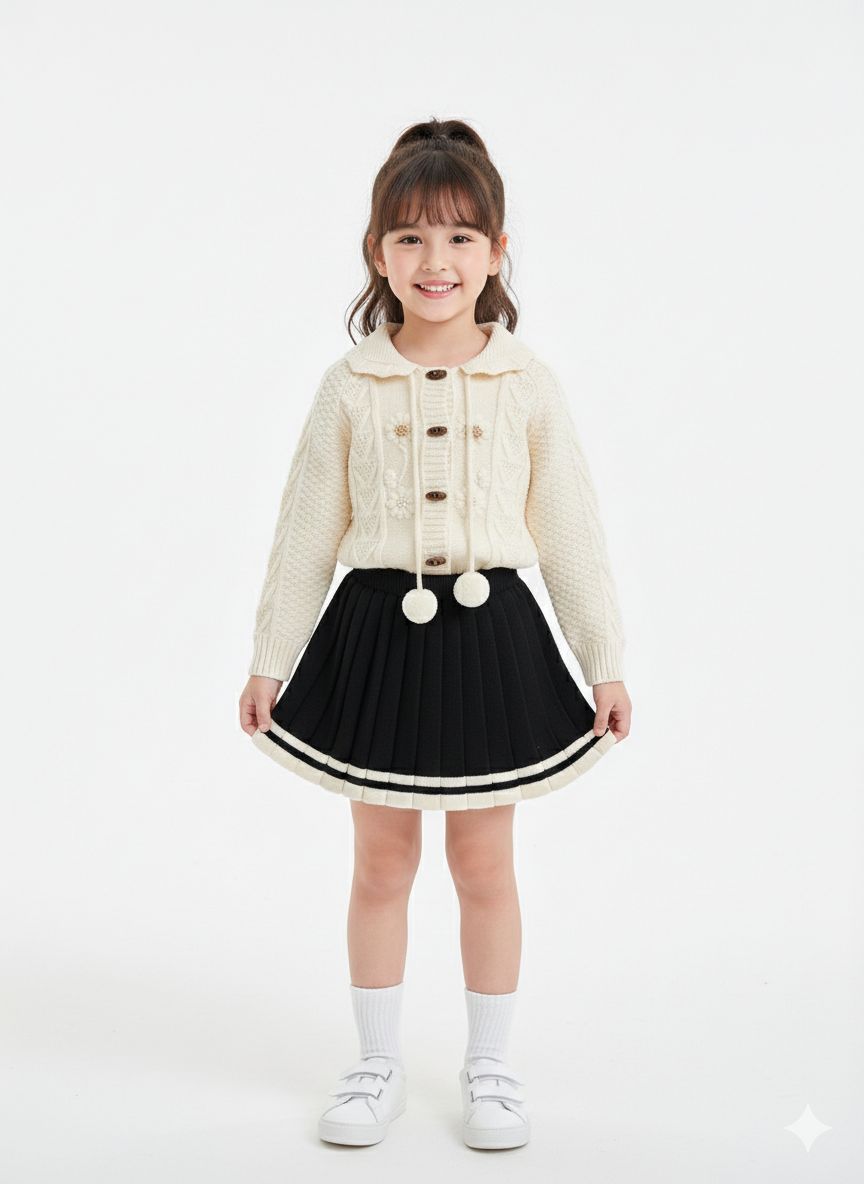 Dior - Girls' Cream Cable Knit Cardigan with Floral Embroidery