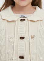 Dior - Girls' Cream Cable Knit Cardigan with Floral Embroidery