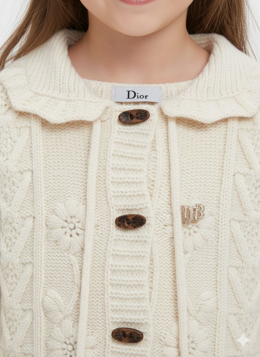 Dior - Girls' Cream Cable Knit Cardigan with Floral Embroidery