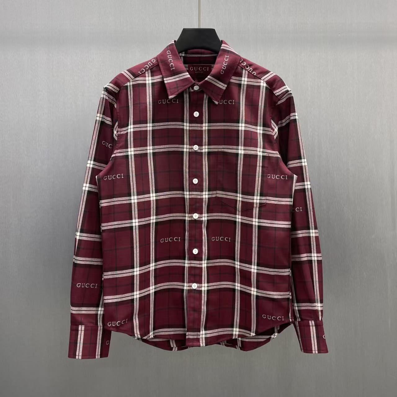 Gucci - Burgundy & White Plaid Button-Up Shirt with All-Over Logo Print