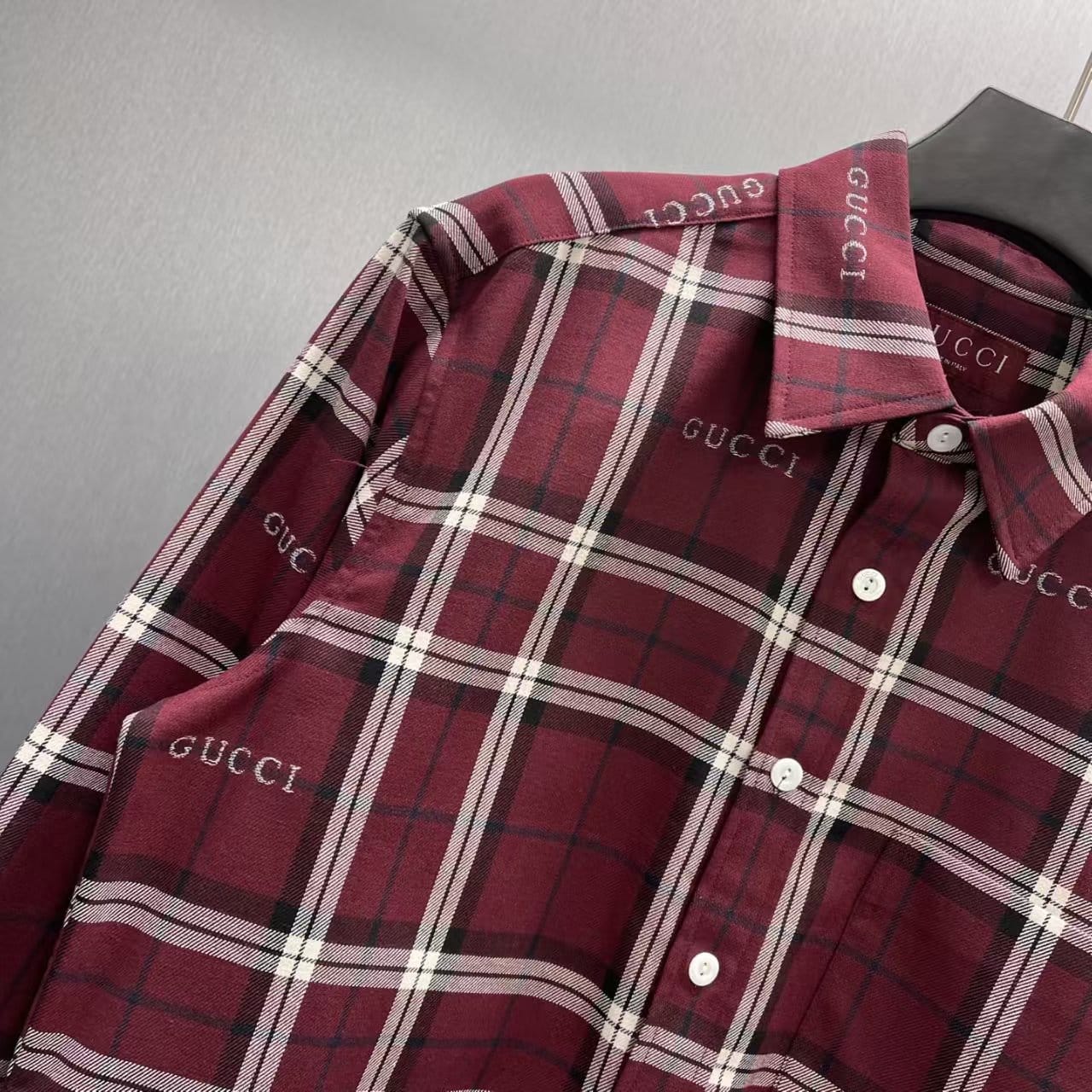 Gucci - Burgundy & White Plaid Button-Up Shirt with All-Over Logo Print