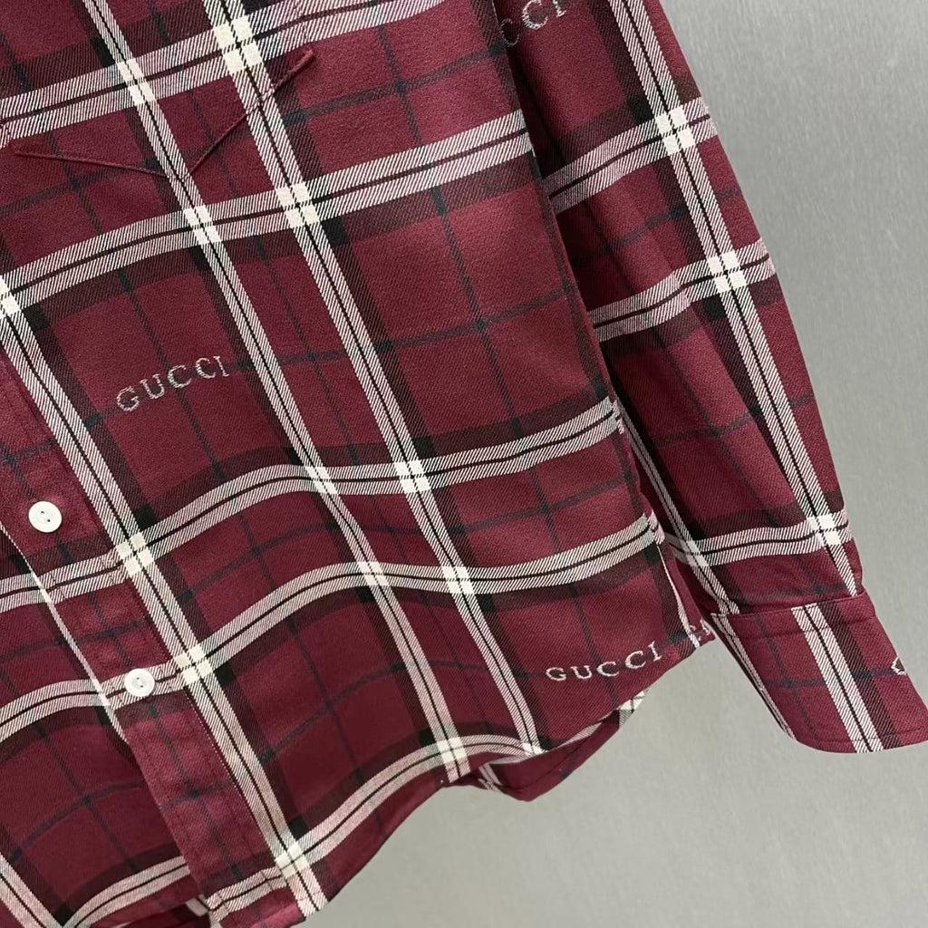 Gucci - Burgundy & White Plaid Button-Up Shirt with All-Over Logo Print