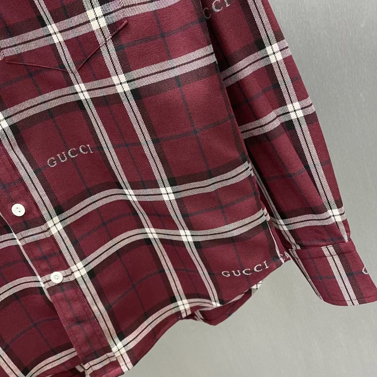Gucci - Burgundy & White Plaid Button-Up Shirt with All-Over Logo Print