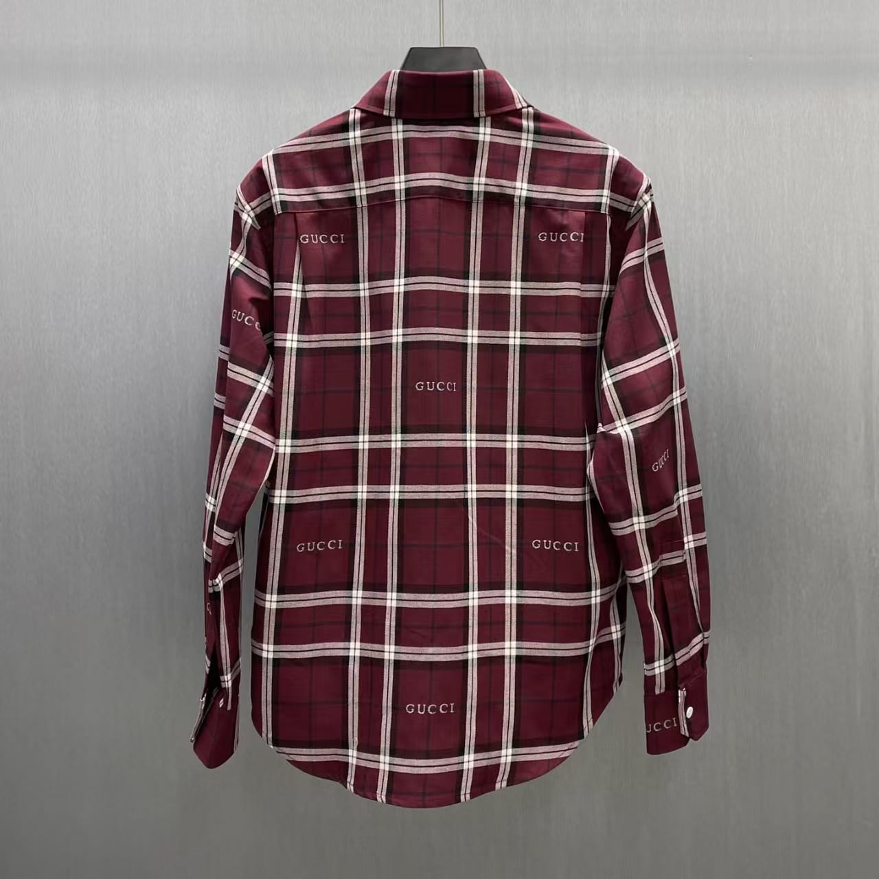 Gucci - Burgundy & White Plaid Button-Up Shirt with All-Over Logo Print