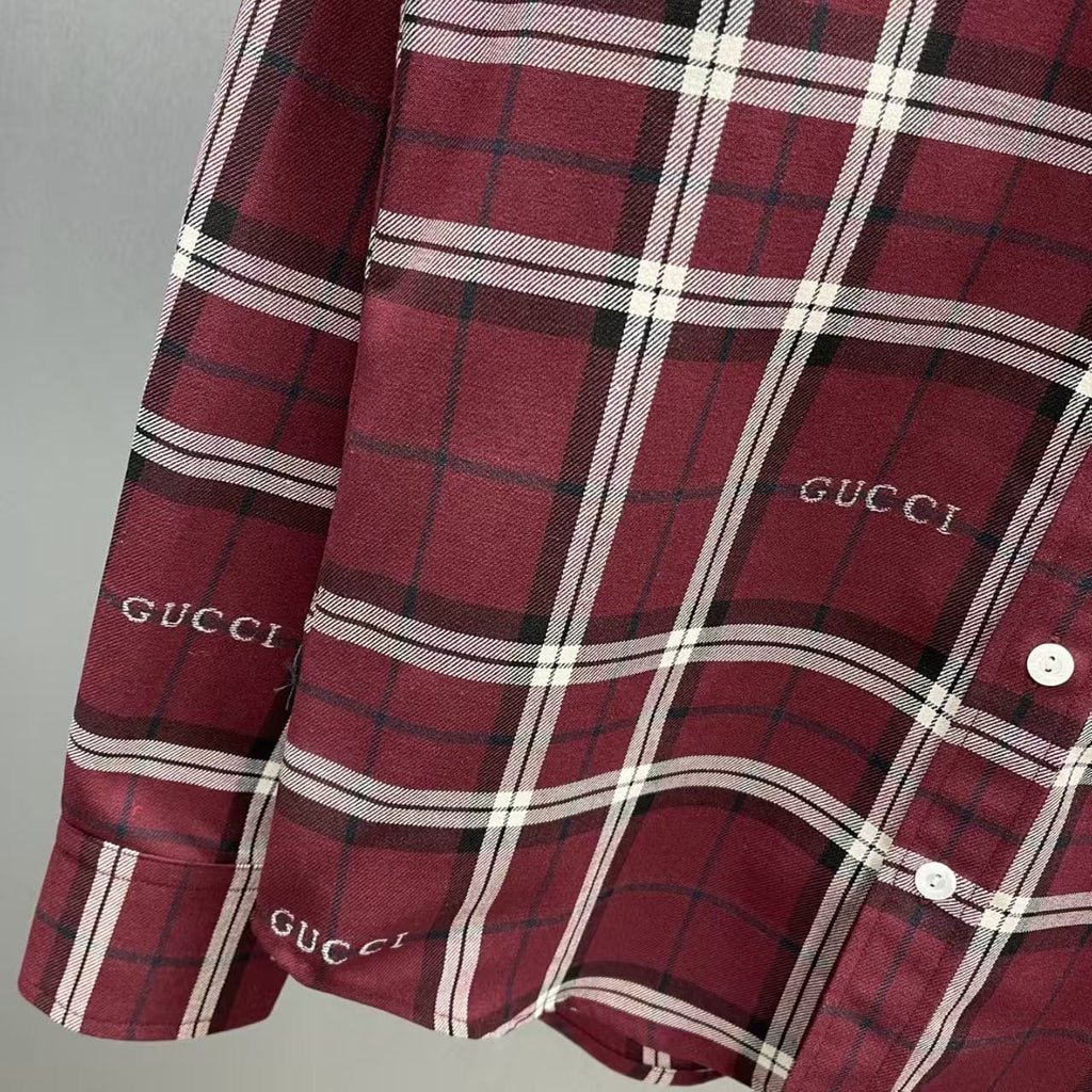 Gucci - Burgundy & White Plaid Button-Up Shirt with All-Over Logo Print
