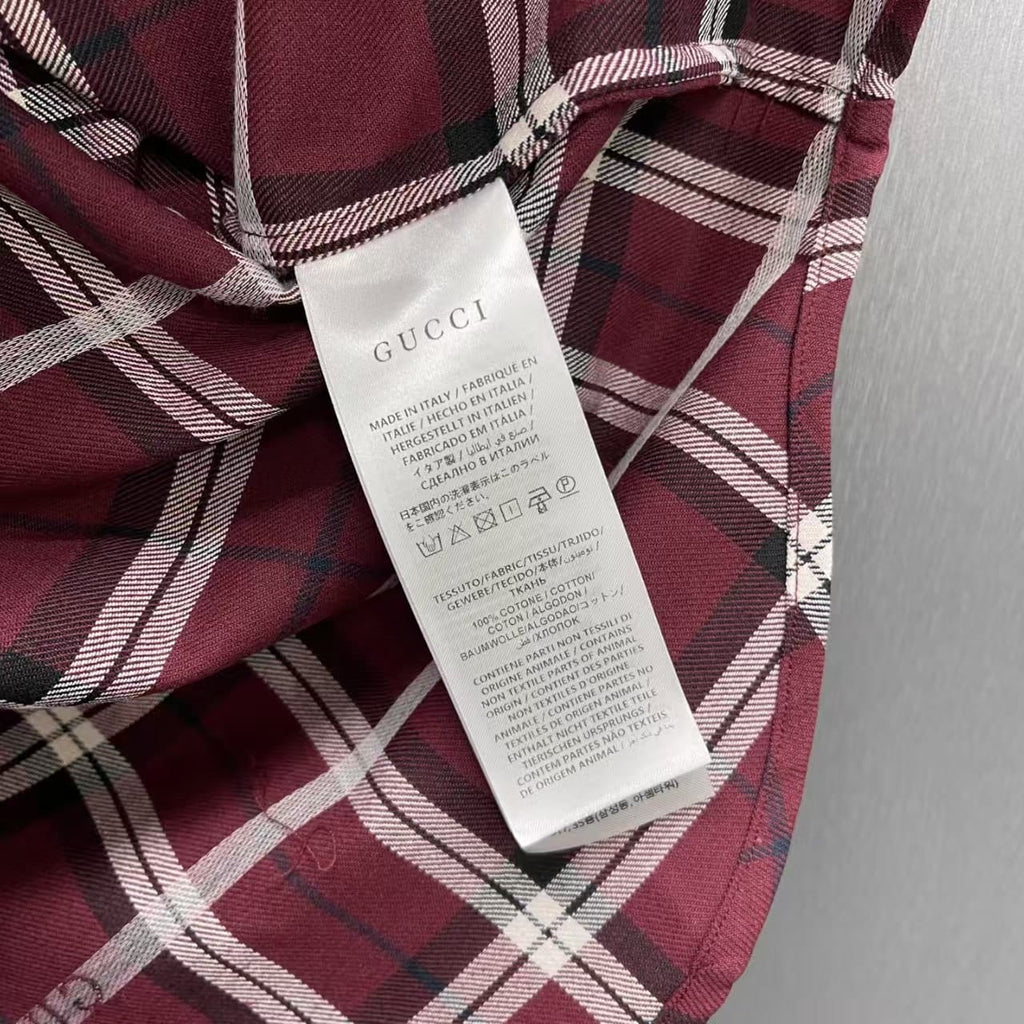 Gucci - Burgundy & White Plaid Button-Up Shirt with All-Over Logo Print