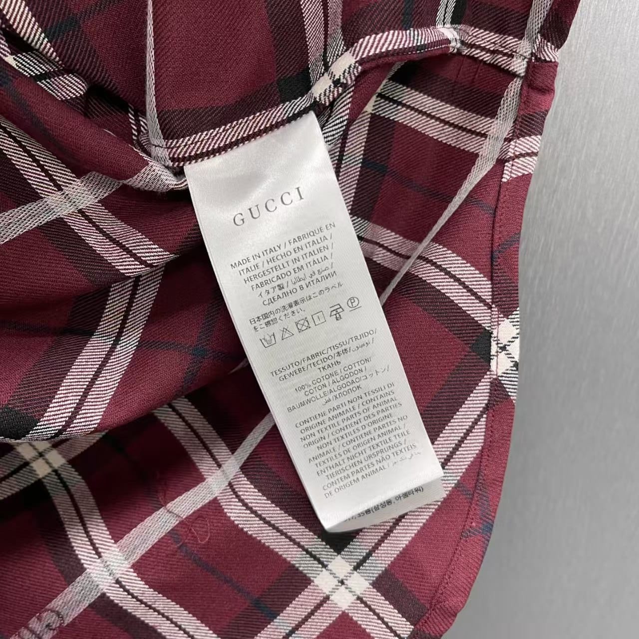 Gucci - Burgundy & White Plaid Button-Up Shirt with All-Over Logo Print
