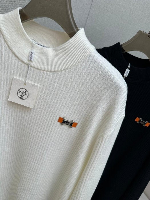 Hermes - Men's H Logo Mock Neck Ribbed Knit Sweater
