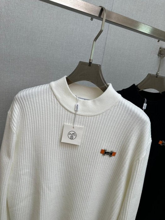 Hermes - Men's H Logo Mock Neck Ribbed Knit Sweater