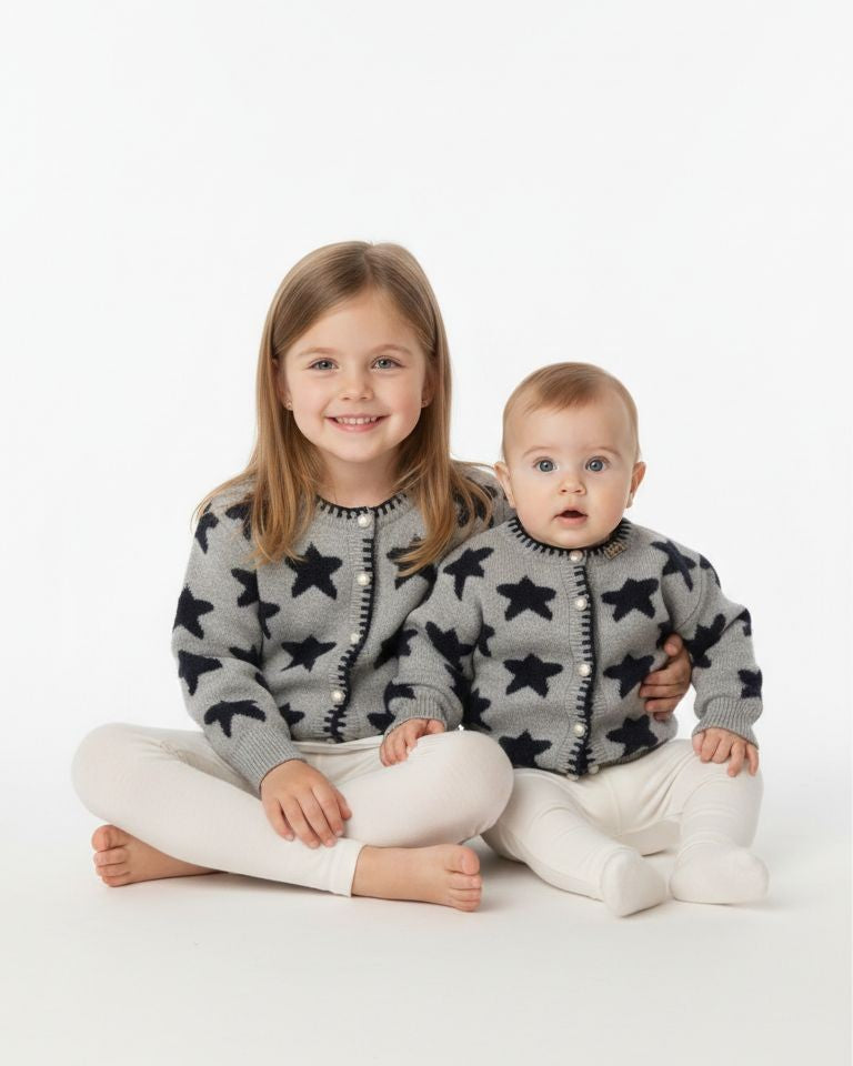 Dior - Kids Grey Star Intarsia Knit Cardigan with Pearl Buttons