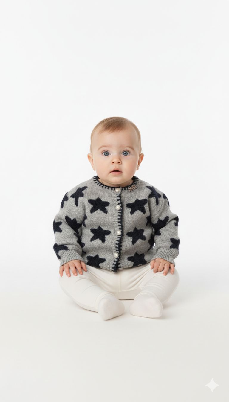 Dior - Kids Grey Star Intarsia Knit Cardigan with Pearl Buttons
