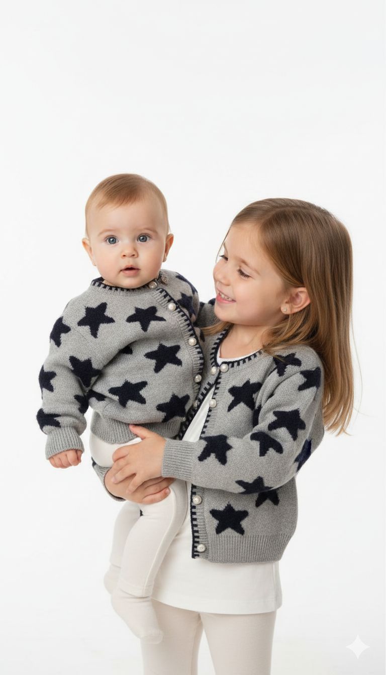 Dior - Kids Grey Star Intarsia Knit Cardigan with Pearl Buttons