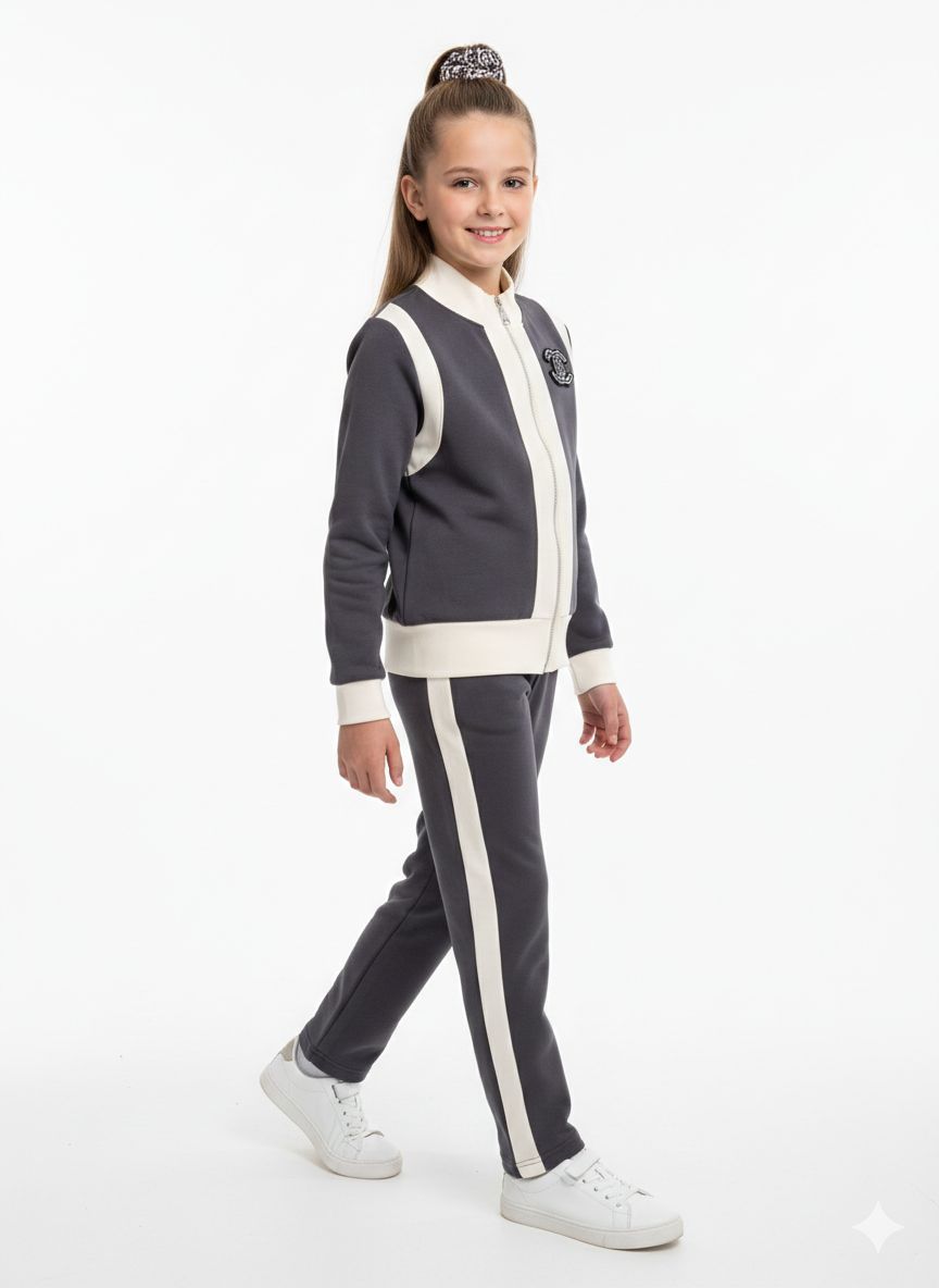 Chanel - Kids Color-Block Zip-Up Tracksuit Set - Charcoal & Cream
