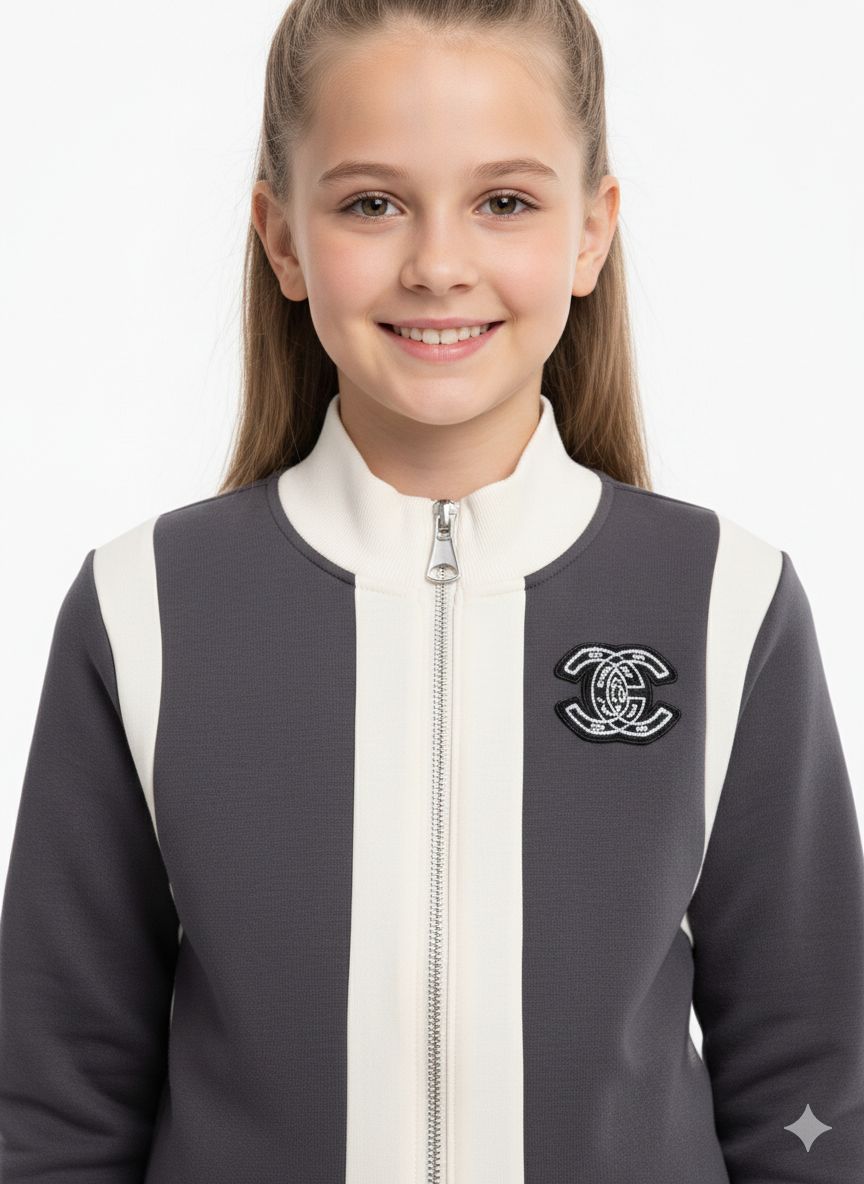 Chanel - Kids Color-Block Zip-Up Tracksuit Set - Charcoal & Cream