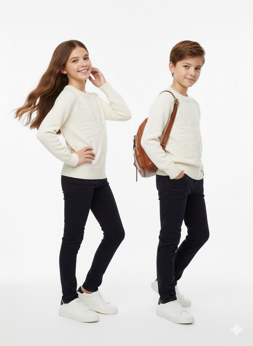 Treco Loewe - Kids Embossed Logo Knit Sweater - Cream / Blue