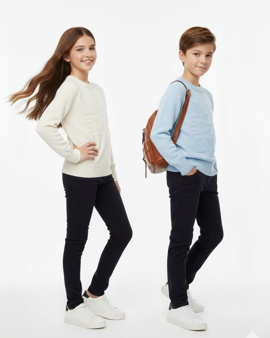 Treco Loewe - Kids Embossed Logo Knit Sweater - Cream / Blue