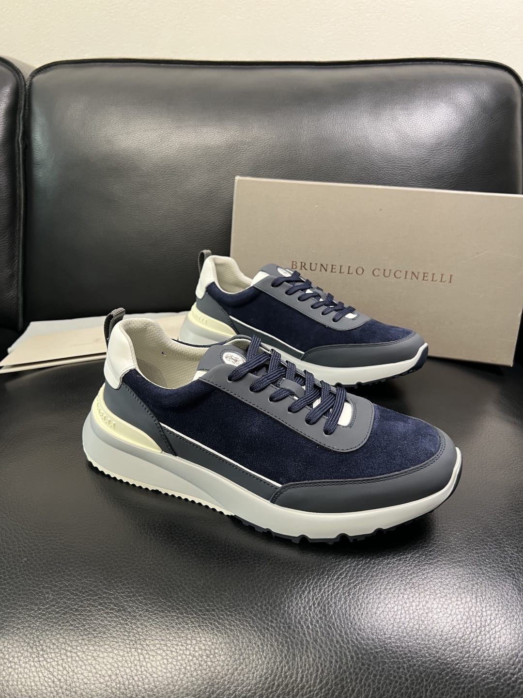 Brunello Cucinelli - Suede & Matte Leather Panel Sneakers in Navy/Grey