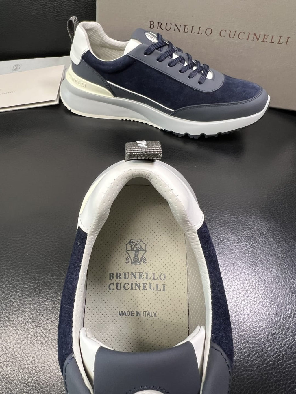 Brunello Cucinelli - Suede & Matte Leather Panel Sneakers in Navy/Grey
