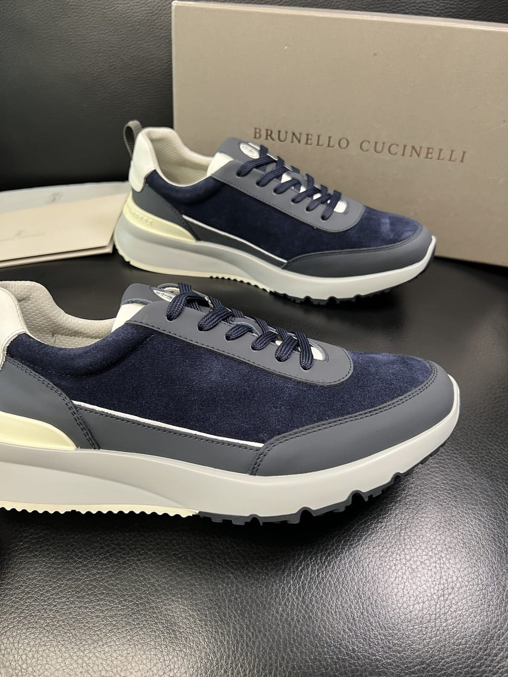 Brunello Cucinelli - Suede & Matte Leather Panel Sneakers in Navy/Grey