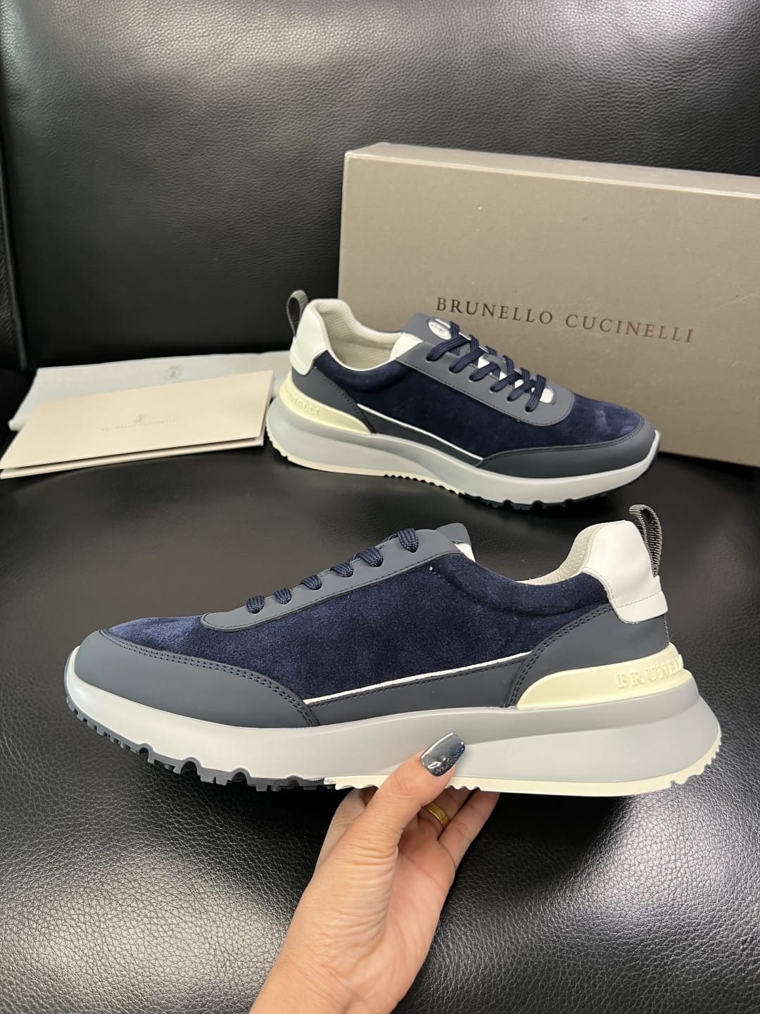 Brunello Cucinelli - Suede & Matte Leather Panel Sneakers in Navy/Grey