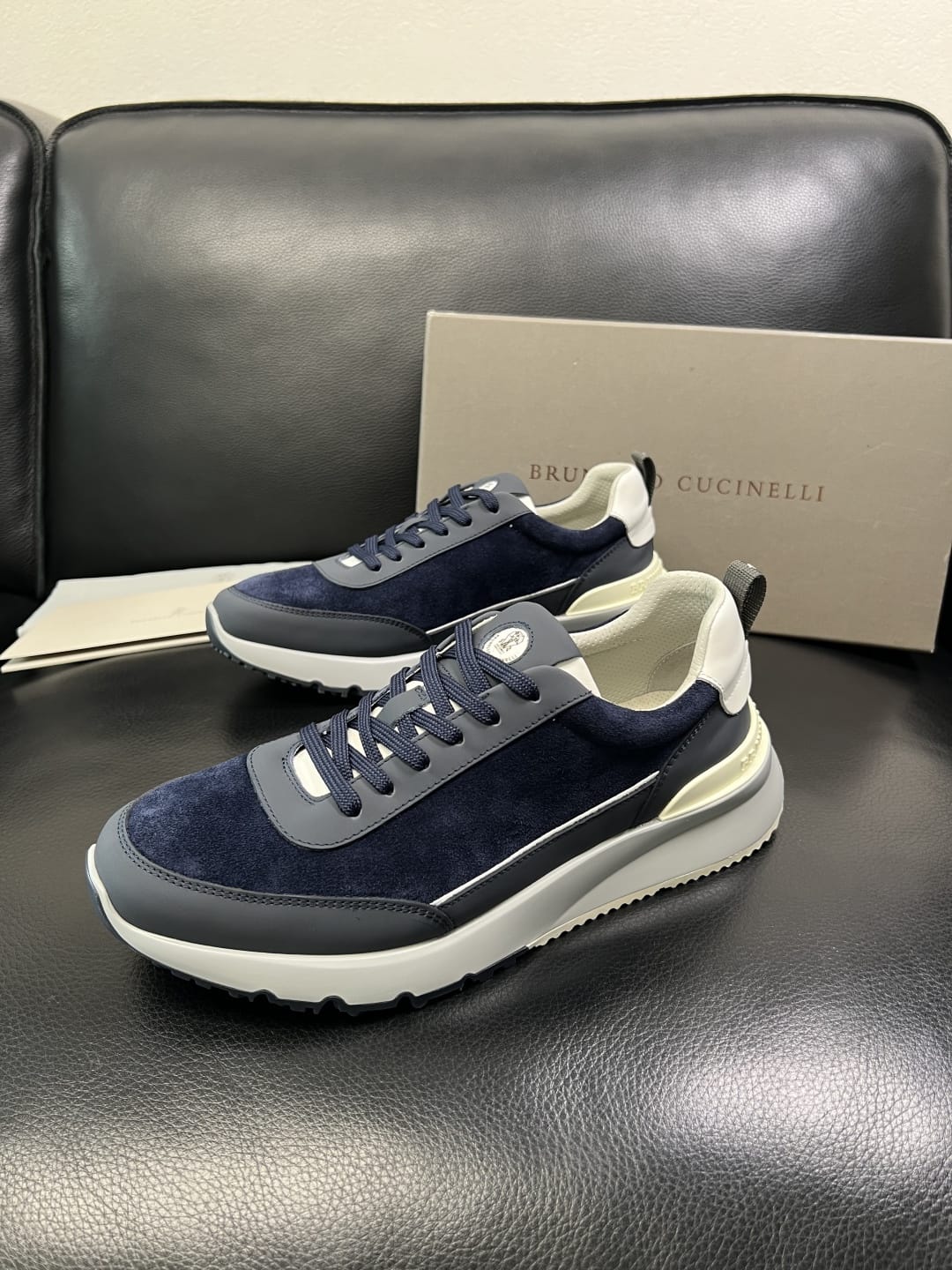Brunello Cucinelli - Suede & Matte Leather Panel Sneakers in Navy/Grey