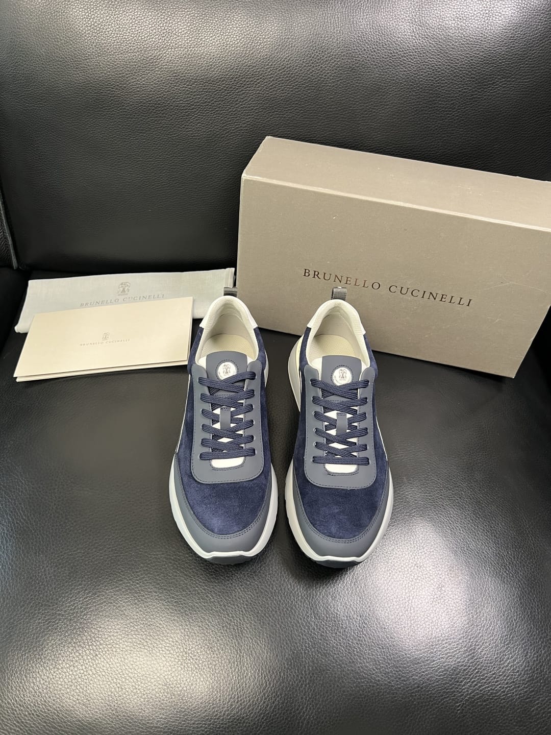 Brunello Cucinelli - Suede & Matte Leather Panel Sneakers in Navy/Grey