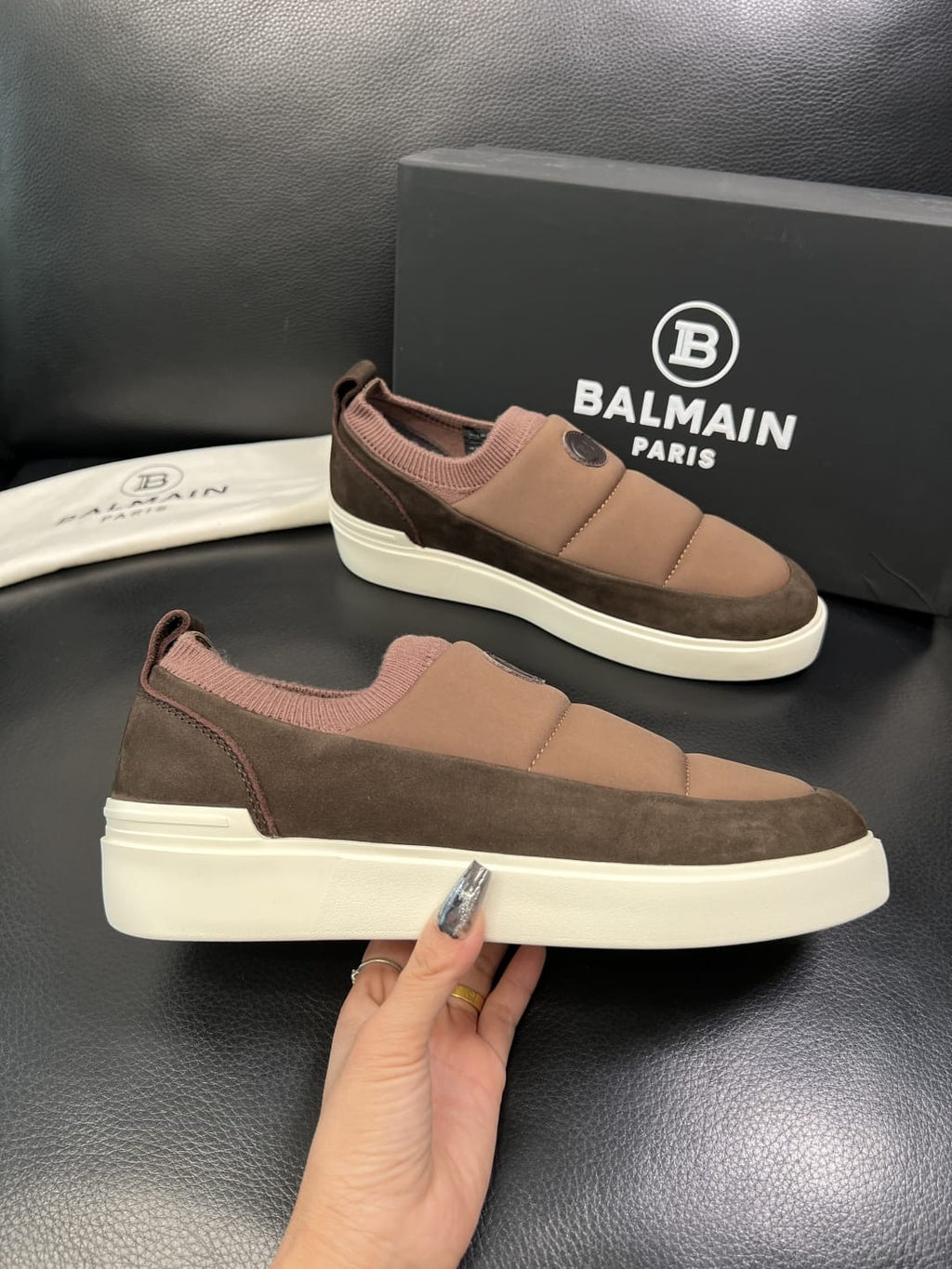 Balmain - Paris Quilted Puffer Slip-On Sneakers – Cocoa/Chocolate Brown
