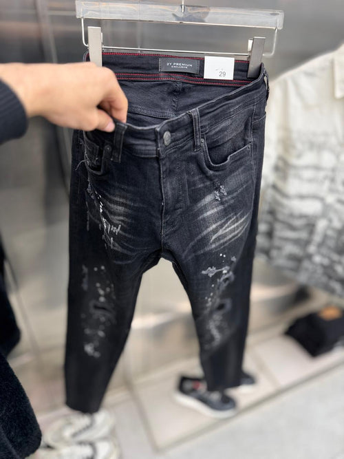 2Y - Premium Black Distressed Paint-Splatter Jeans