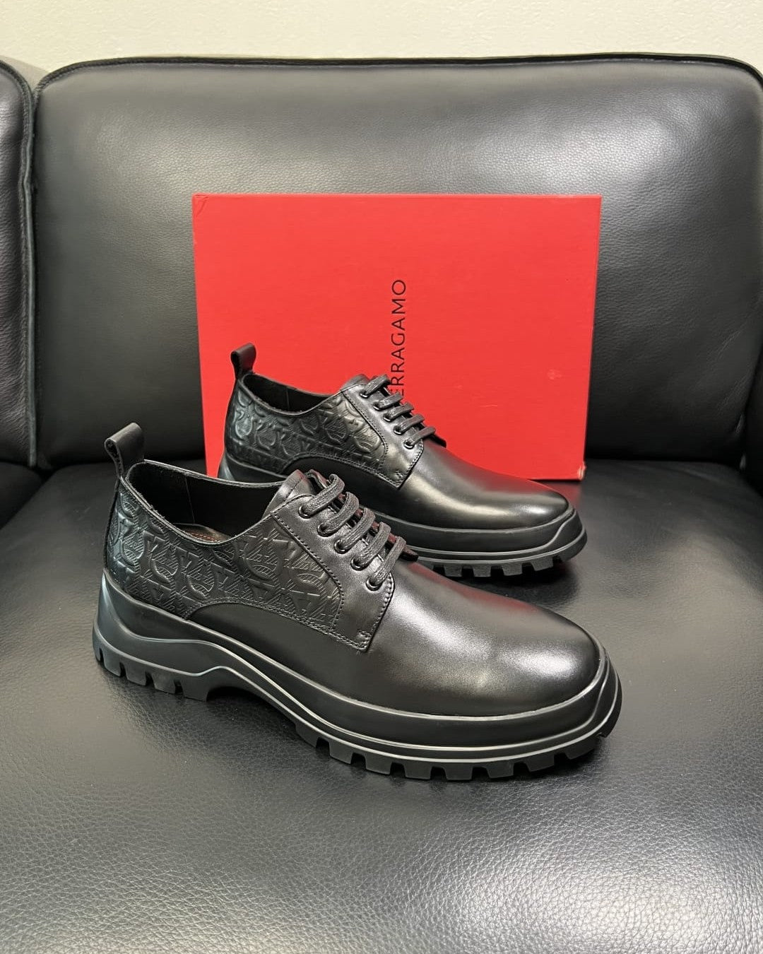 Ferragamo - Black Leather Derby Shoes with Gancini Embossing and Chunky Sole