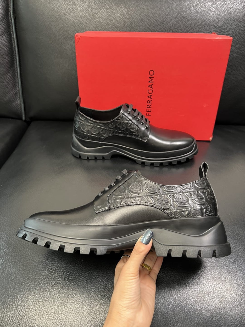 Ferragamo - Black Leather Derby Shoes with Gancini Embossing and Chunky Sole