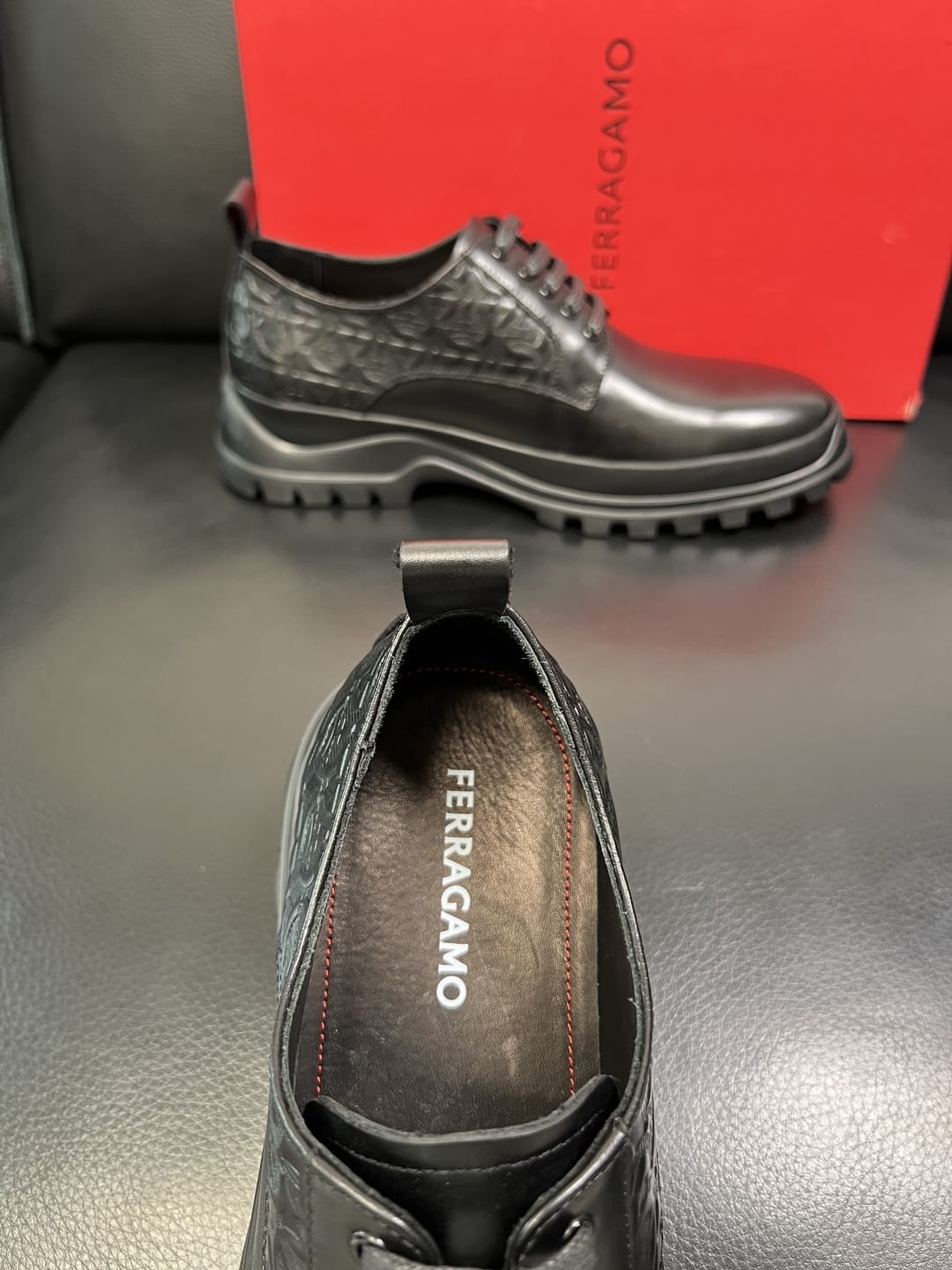 Ferragamo - Black Leather Derby Shoes with Gancini Embossing and Chunky Sole