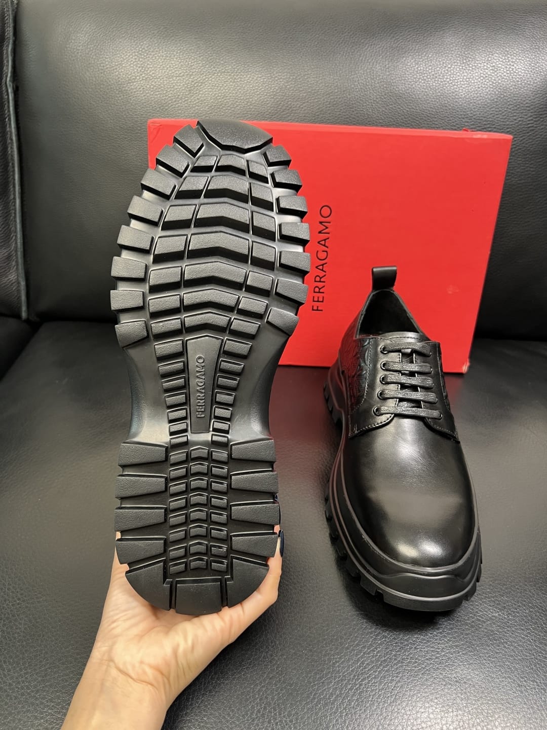 Ferragamo - Black Leather Derby Shoes with Gancini Embossing and Chunky Sole