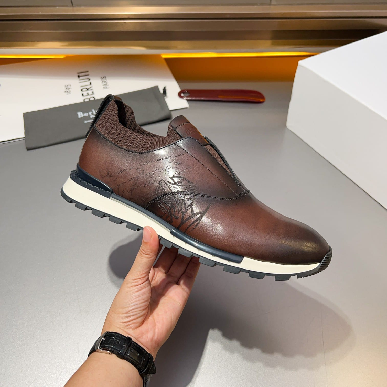 Berluti - Men’s Shadow Venezia Leather Slip-On Sneakers in Cacao Intenso