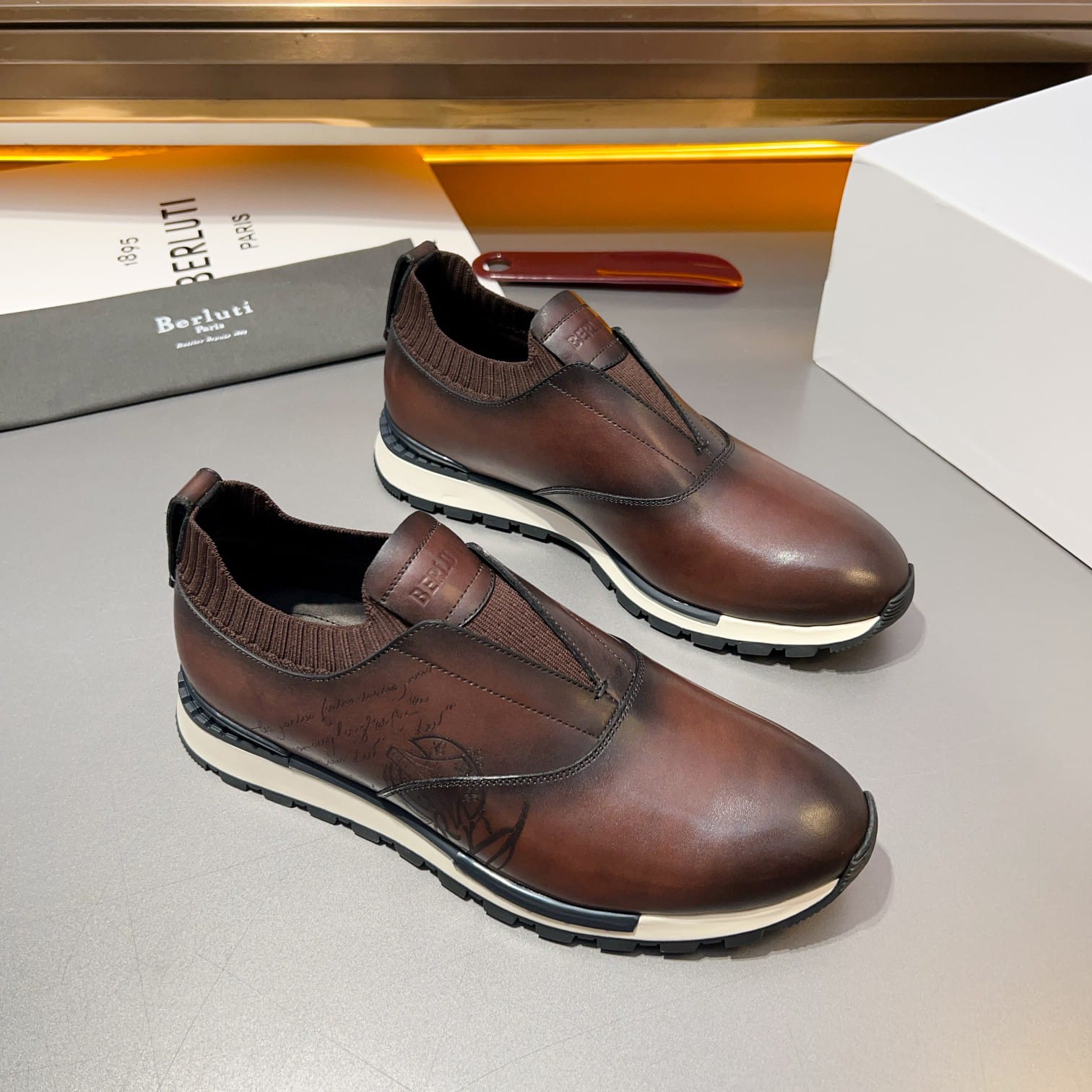 Berluti - Men’s Shadow Venezia Leather Slip-On Sneakers in Cacao Intenso