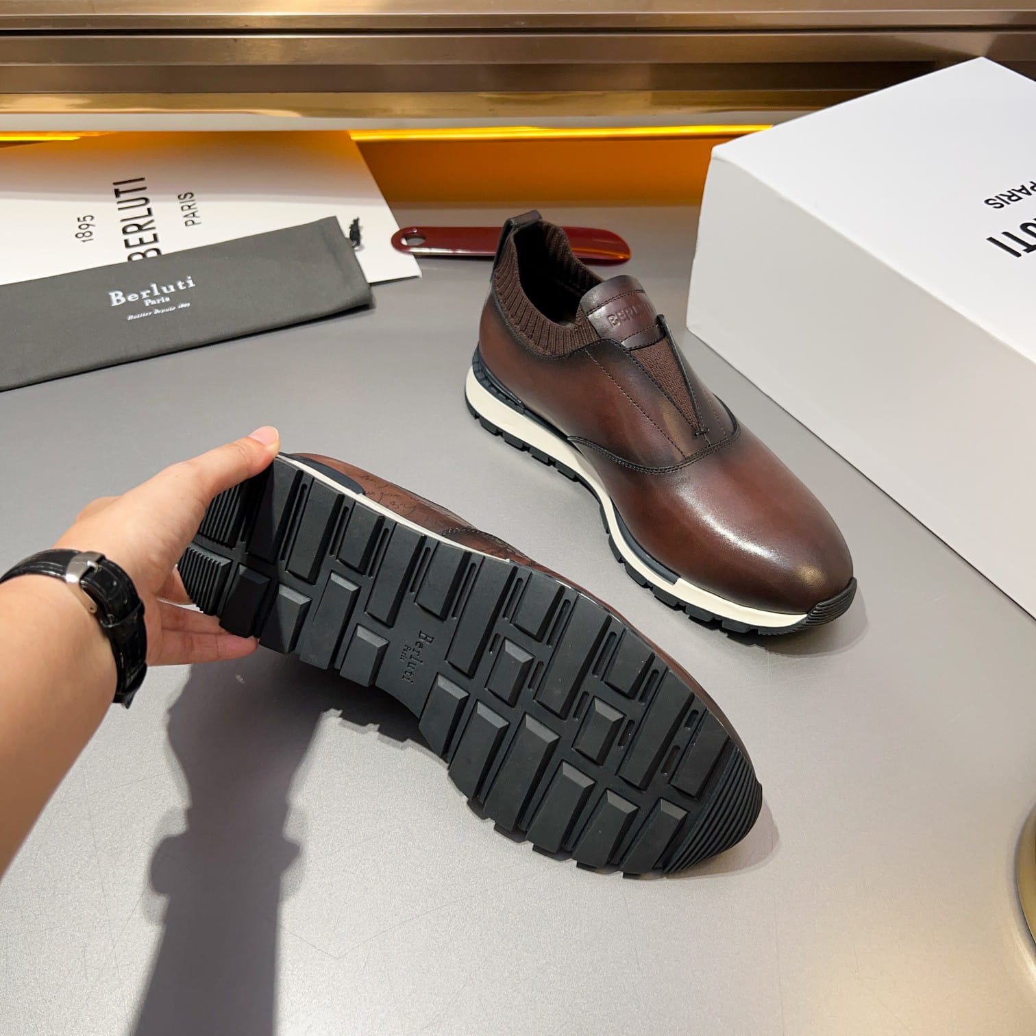 Berluti - Men’s Shadow Venezia Leather Slip-On Sneakers in Cacao Intenso