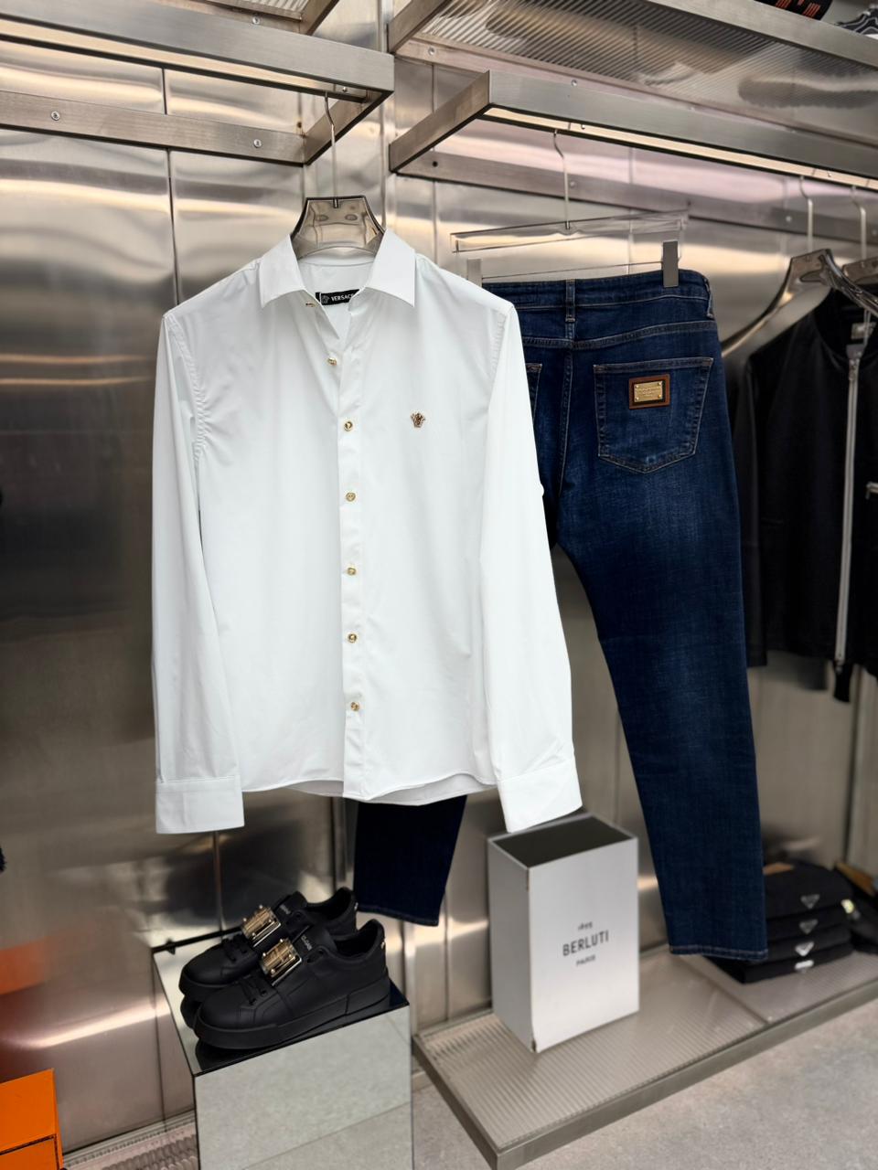 Versace - Men’s Medusa Biggie Embroidered Poplin Shirt with Gold-Tone Buttons