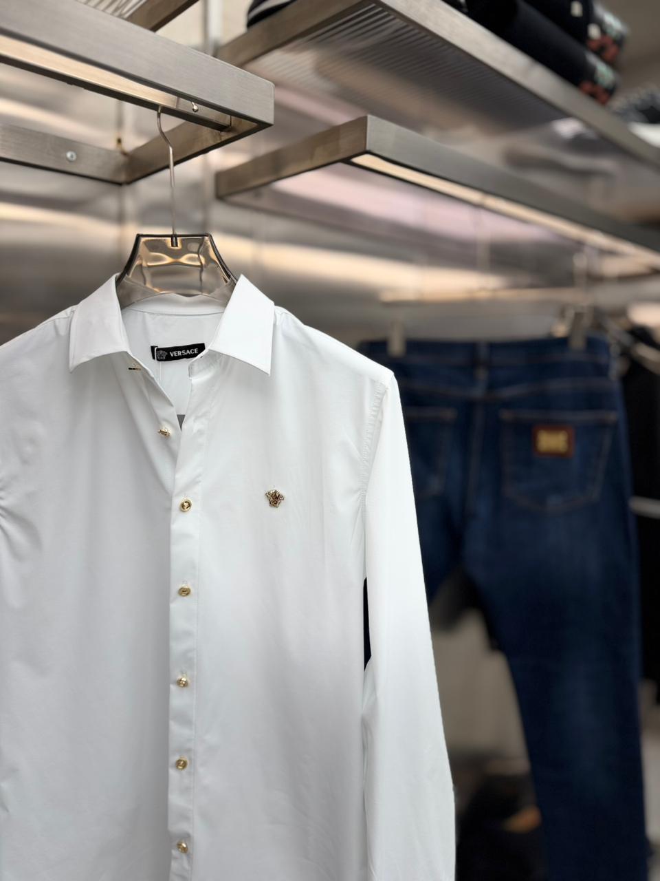 Versace - Men’s Medusa Biggie Embroidered Poplin Shirt with Gold-Tone Buttons
