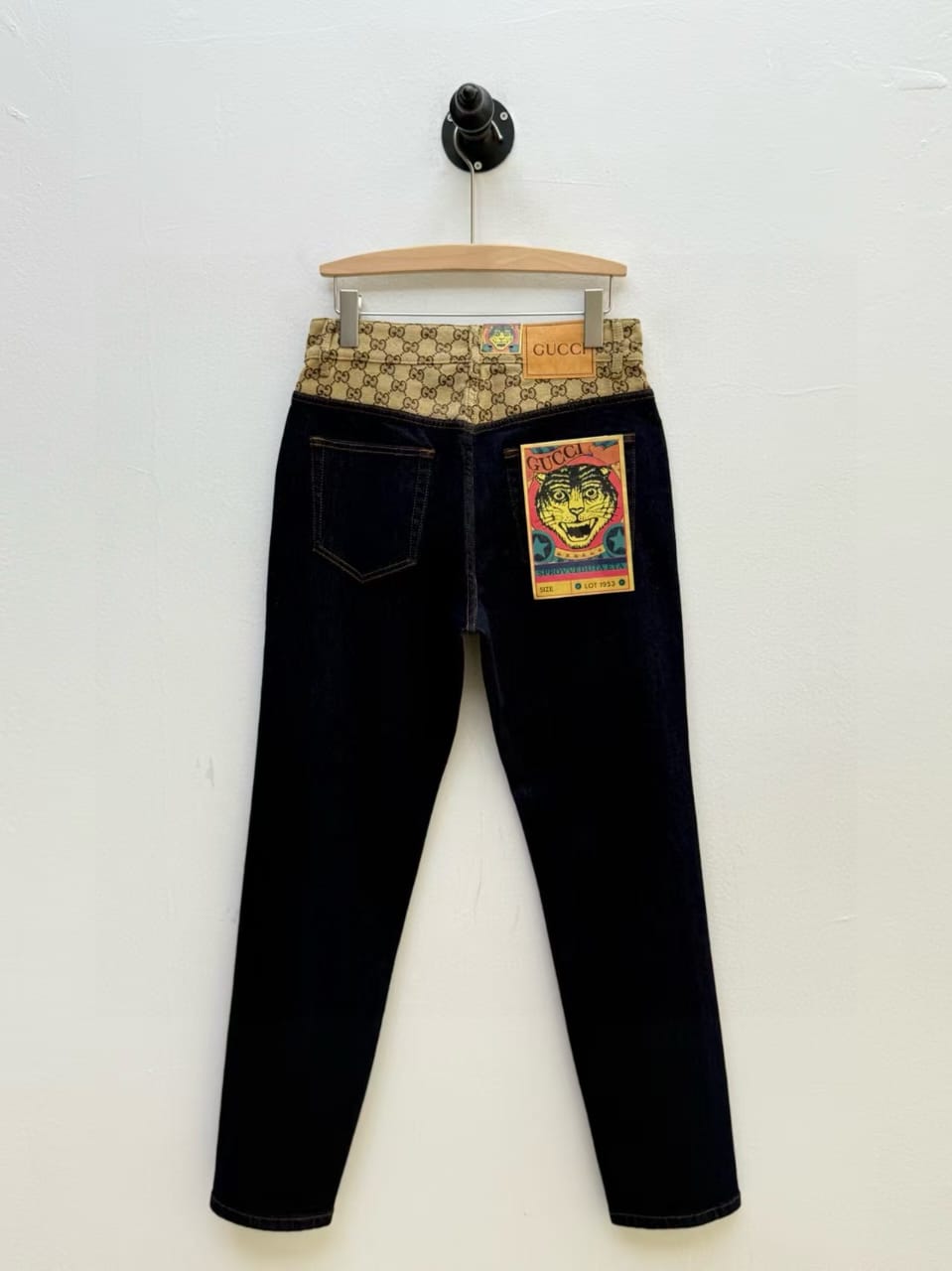 Gucci - Two-Tone GG Waistband Dark Denim Jeans - Tiger Appliqué