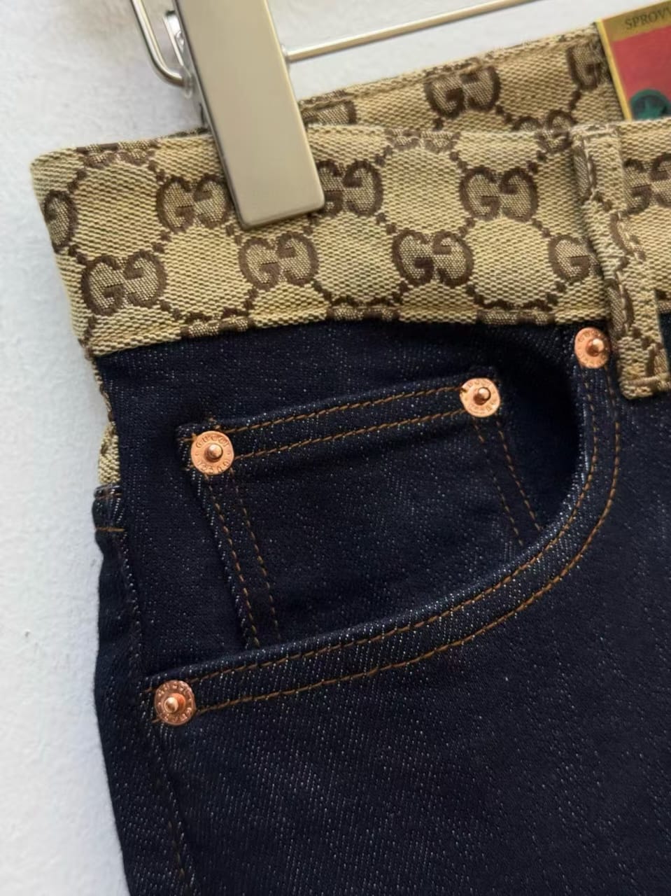 Gucci - Two-Tone GG Waistband Dark Denim Jeans - Tiger Appliqué